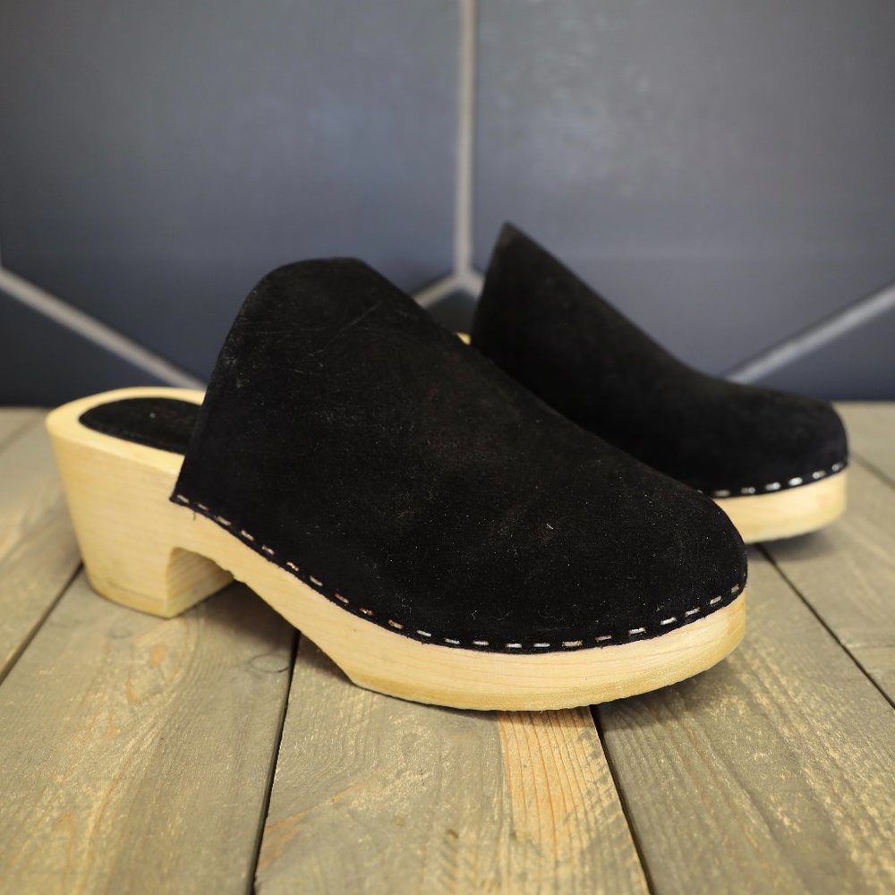 Womens Rag & Co Darcie Black Suede Wooden Clogs Handmade Mule Lotta Swedish Shoe